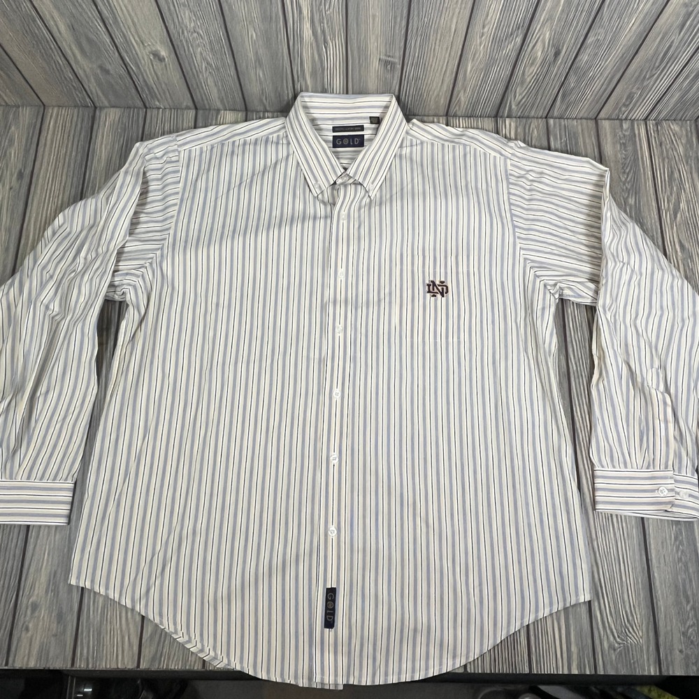 Notre Dame GOLD Button Down Shirt Mens XXL Yellow Blue Striped Logo Cotton NCAA
